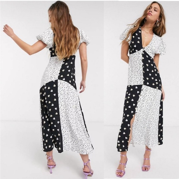Rahi SZ S Black/White Confetti Patchwork Puff Sleeve Maxi Dress - Picture 9 of 10